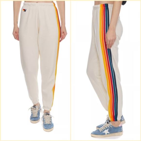 Aviator Nation Pants - AVIATOR NATION Sweatpants S Cream Rainbow-Stripes Logo-Embroidery Jogger USA
